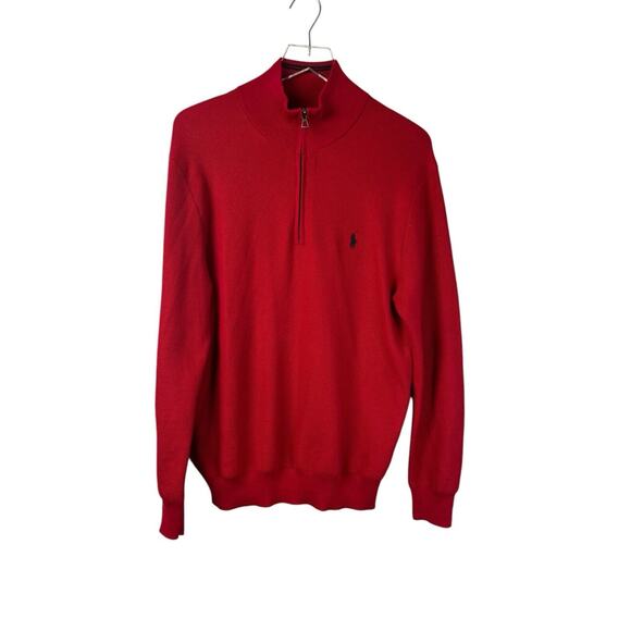 Polo Ralph Lauren Mesh Knit Cotton Quarter Zip Red Black Pony Sweater Medium - Picture 3 of 10